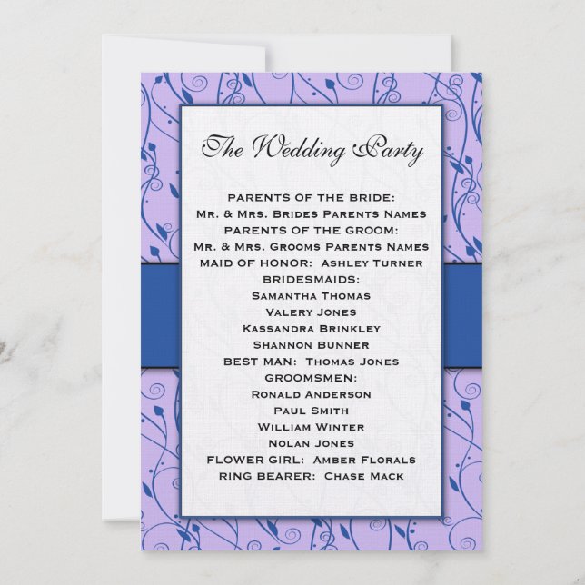 Monogram Royal Blue Lilac Swirl Wedding Program Einladung (Rückseite)