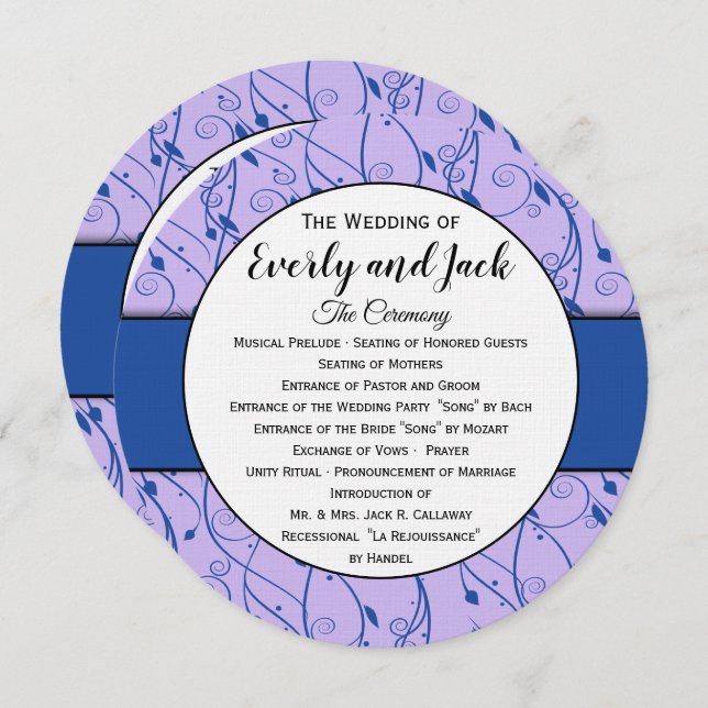 Monogram Royal Blue Lilac Swirl Wedding Program Einladung (Vorne/Hinten)