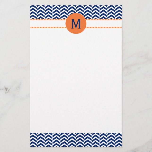 Monogram Royal Blue mit Orange Zickzack Pattern Briefpapier (Vorderseite)