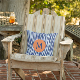 Monogram Royal Blue mit Orange Zickzack Pattern Kissen