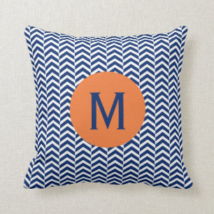 Monogram Royal Blue mit Orange Zickzack Pattern Kissen