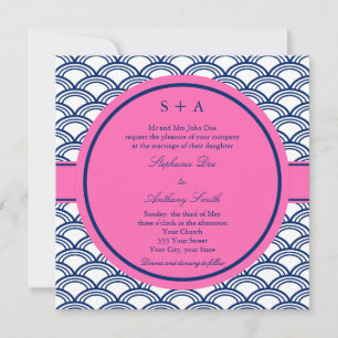 Monogram Royal Blue, Pink Seigaiha Wedding Einladung