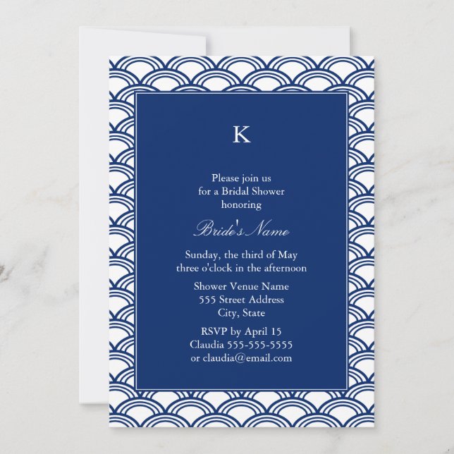 Monogram Royal Blue Seigaiha Pattern Brautparty Einladung (Vorderseite)