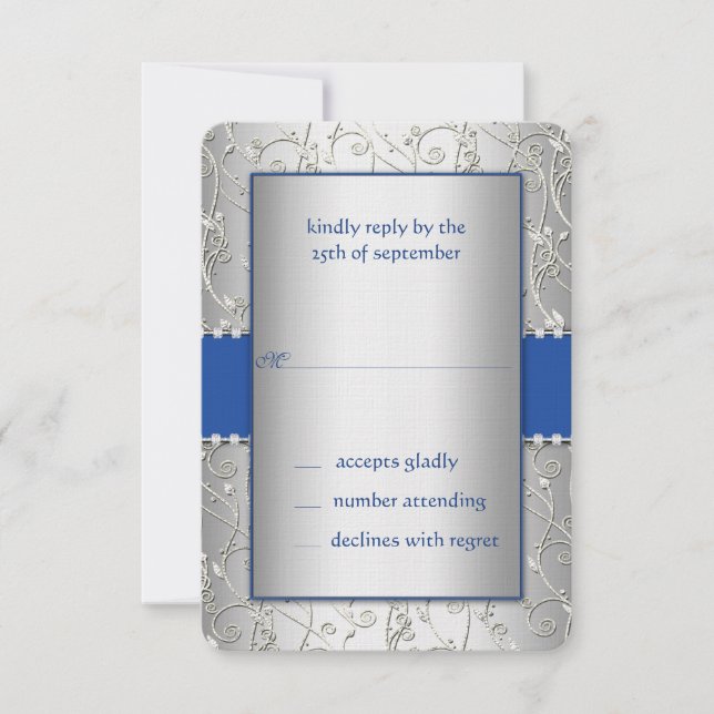 Monogram Royal Blue Silver Swirl Wedding RSVP Karte (Vorderseite)