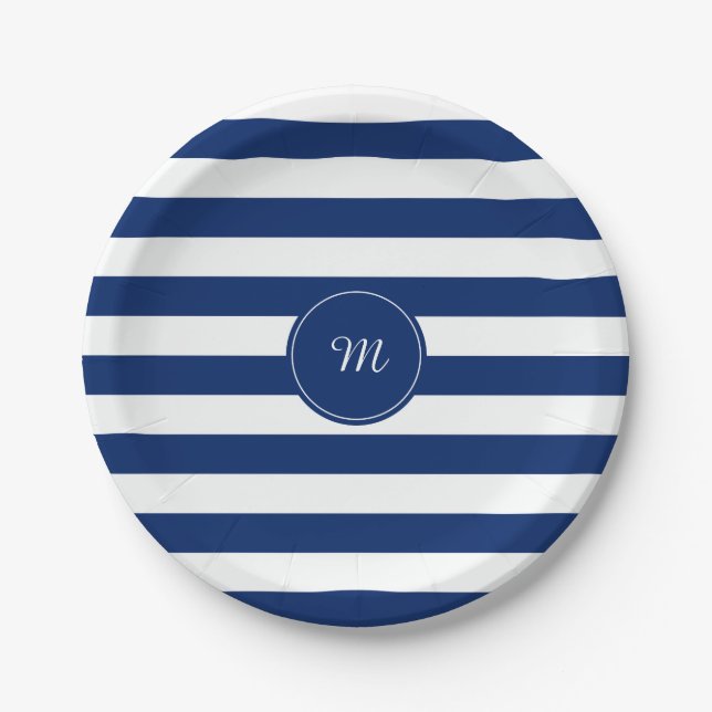Monogram Royal Blue Striping Pappteller (Vorderseite)