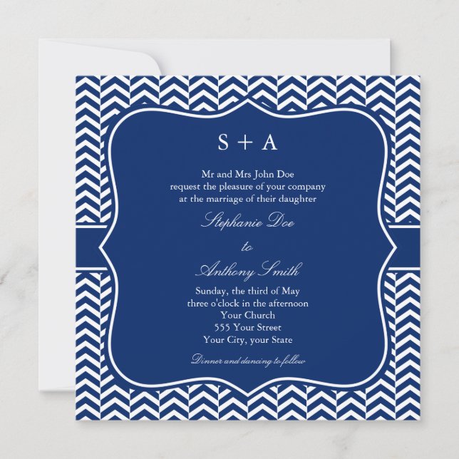 Monogram Royal Blue Zickzack Pattern Wedding Einladung (Vorderseite)