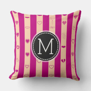 Monogram Royal Fuchsia Stripe Modernes Herzmuster Kissen