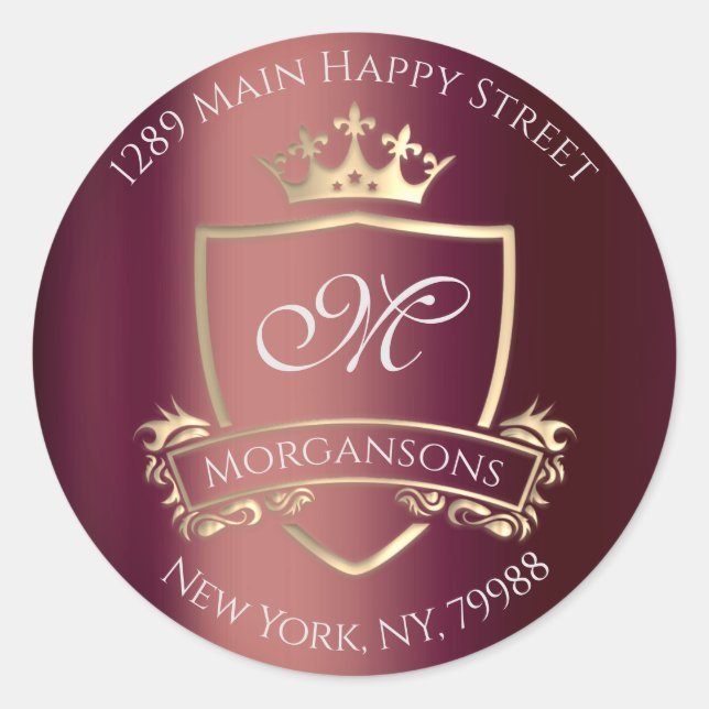 Monogram Rücksendeadresse Crown Royal Burgundy Gol Runder Aufkleber (Vorderseite)