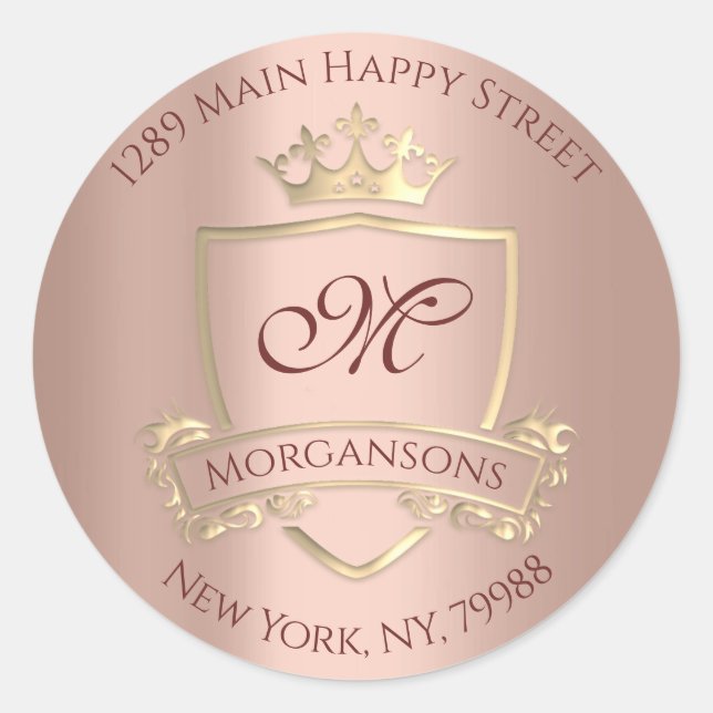 Monogram Rücksendeadresse Crown Royal Gold Lux Ros Runder Aufkleber (Vorderseite)