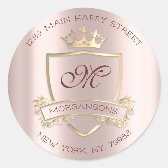 Monogram Rücksendeadresse Crown Royal Gold Pink Ro Runder Aufkleber (Vorderseite)