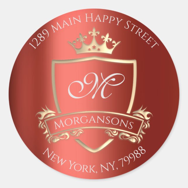 Monogram Rücksendeadresse Crown Royal Gold Red Runder Aufkleber (Vorderseite)