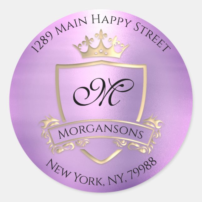 Monogram Rücksendeadresse Crown Royal Gold Violet Runder Aufkleber (Vorderseite)