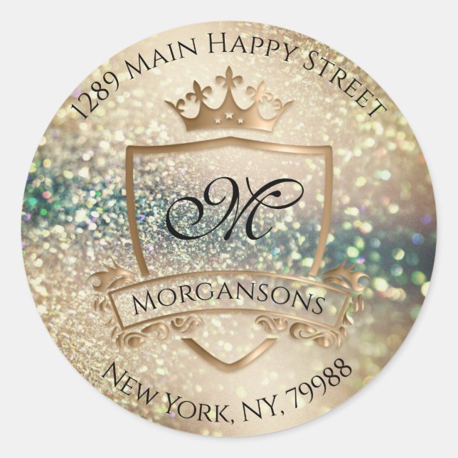 Monogram Rücksendeadresse Crown Royal Rose Glitzer Runder Aufkleber (Vorderseite)