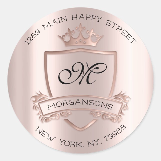 Monogram Rücksendeadresse Crown Royal Rose Wedding Runder Aufkleber (Vorderseite)