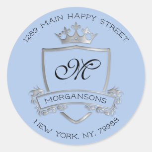 Monogram Rücksendeadresse Crown Royal Silver Blue Runder Aufkleber