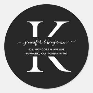 Monogram-Rücksendeadresse für Schwarz und Weiß Runder Aufkleber
