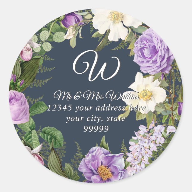 Monogram Rücksendeadresse Lavender Peony Floral Runder Aufkleber (Vorderseite)