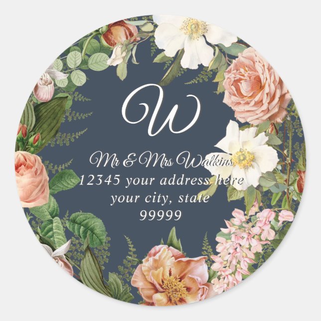 Monogram Rücksendeadresse Navy Ivory Peony Floral Runder Aufkleber (Vorderseite)