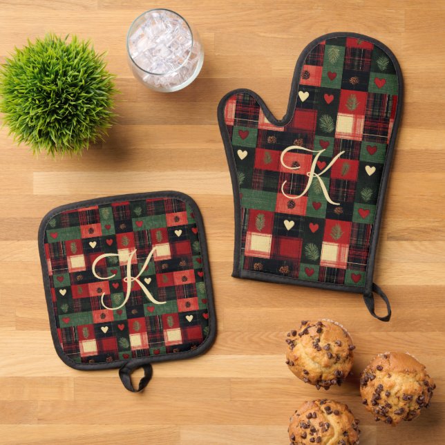 Monogram Rustic Country Red Green Kariert Hearts Ofenhandschuh & Topflappen-Set (Oben Unten)