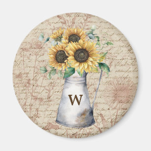 Monogram Rustic Sunflower Vintag Letter Decoupage Magnet