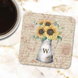 Monogram Rustic Sunflower Vintag Letter Decoupage Rechteckiger Pappuntersetzer