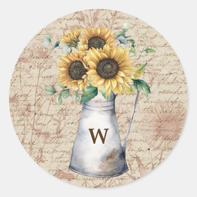 Monogram Rustic Sunflower Vintag Letter Decoupage Runder Aufkleber (Vorderseite)