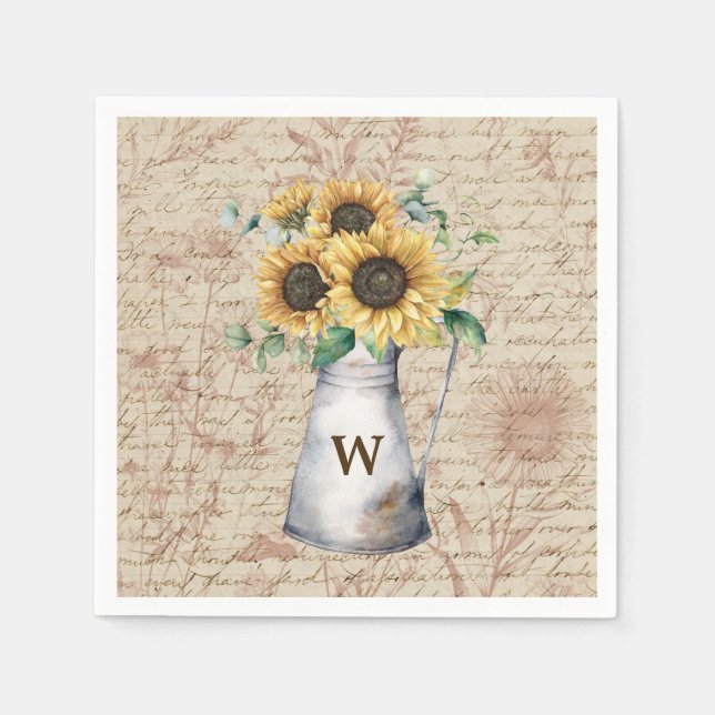 Monogram Rustic Sunflower Vintag Letter Decoupage Serviette (Vorderseite)