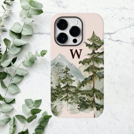 Monogram Rustic Watercolor Pine Forest & Mountain Case-Mate iPhone 14 Pro Hülle