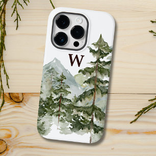 Monogram Rustic Watercolor Pine Forest & Mountain Case-Mate iPhone 14 Pro Hülle