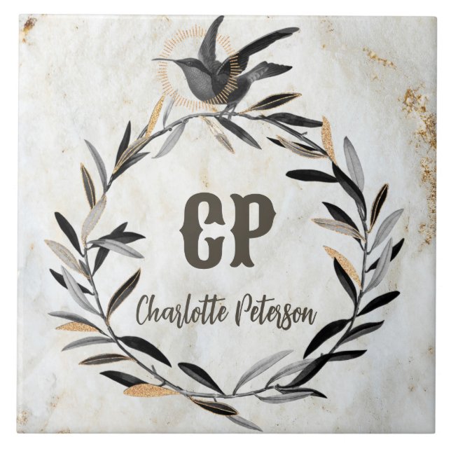 Monogram Rustic White Marble Bird Wreath Custom Fliese (Vorderseite)