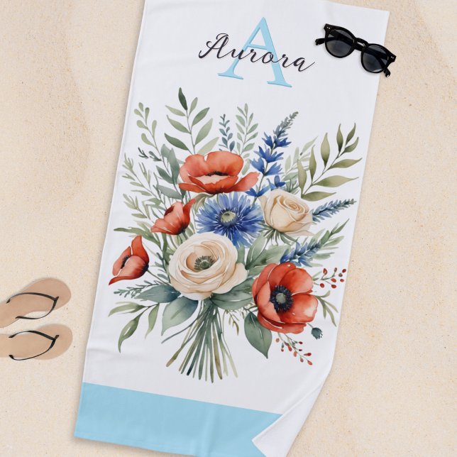 Monogram Rustic Wildblume Bouquet Hübsch Summer Strandtuch (A pretty beach towel with elegant monogram and rustic floral bouquet in a watercolor style)