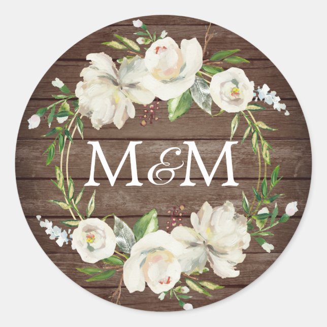 Monogram Rustic Wood Antique White Floral Wedding Runder Aufkleber (Vorderseite)