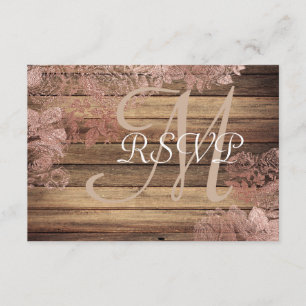 Monogram Rustic Wood Rose Lace Wedding RSVP Karte