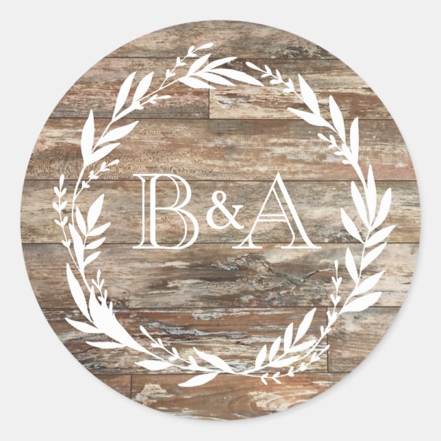 Monogram Rustic Wood Style Classic Round Sticker (Vorderseite)