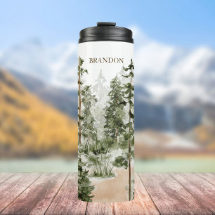 Monogram Rustik Wasserfarbe Grüner Wald Thermosbecher