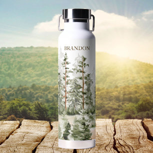 Monogram Rustikal Wasserfarbe Grüner Wald Trinkflasche