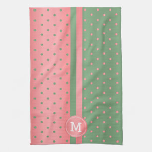 Monogram Sage Green and Coral Polka Dot Handtuch