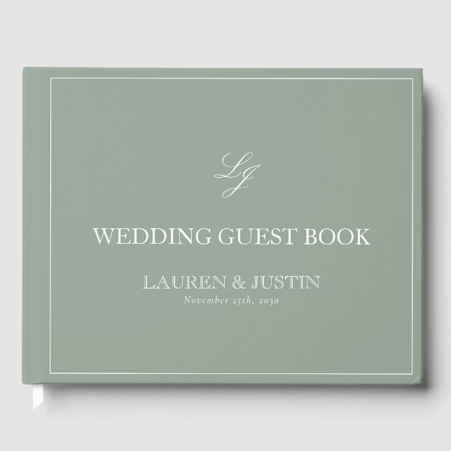 Monogram Sage Green Elegant Calligrafy Wedding Gästebuch (Vorderseite)