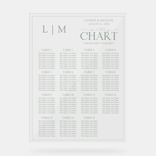 Monogram Sage Green Modern Wedding Seating Chart Acrylschild (Vorderseite)