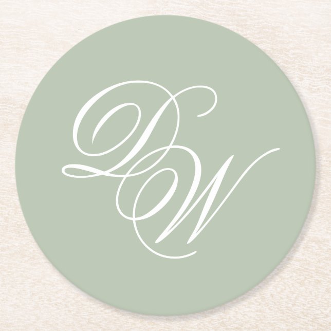 Monogram Sage Green Wedding Simple Elegant Script Runder Pappuntersetzer (Vorderseite)