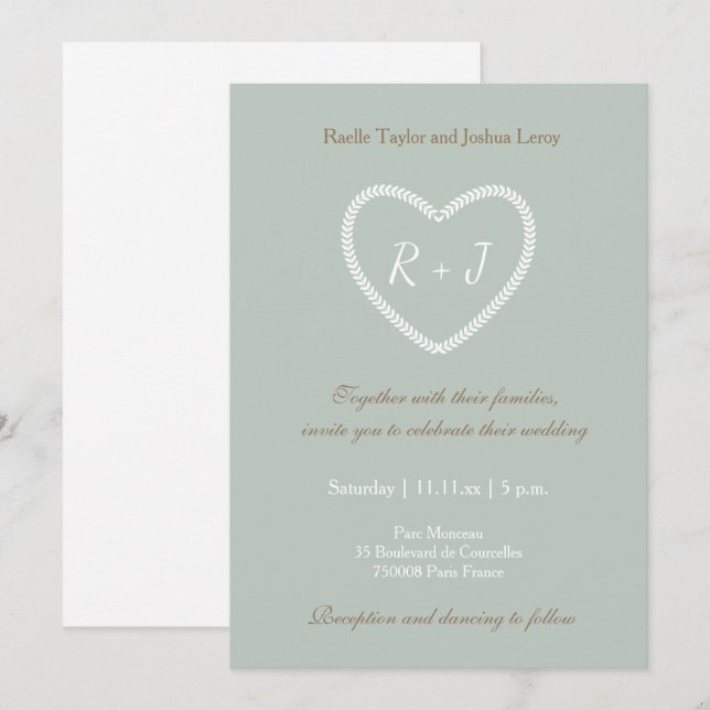 Monogram Sage White Gold Heart Shaping Wedding Einladung (Vorne/Hinten)