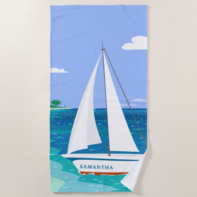 Monogram Sailboat Coastal Seaview Beach Handtuch (Vorderseite)