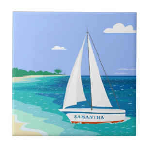 Monogram Sailboat Coastal Tropical Keramik Tile Fliese