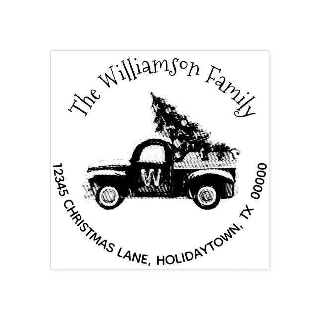 Monogram Santa Red Truck Rücksendeadresse Weihnach Gummistempel (Prägung)