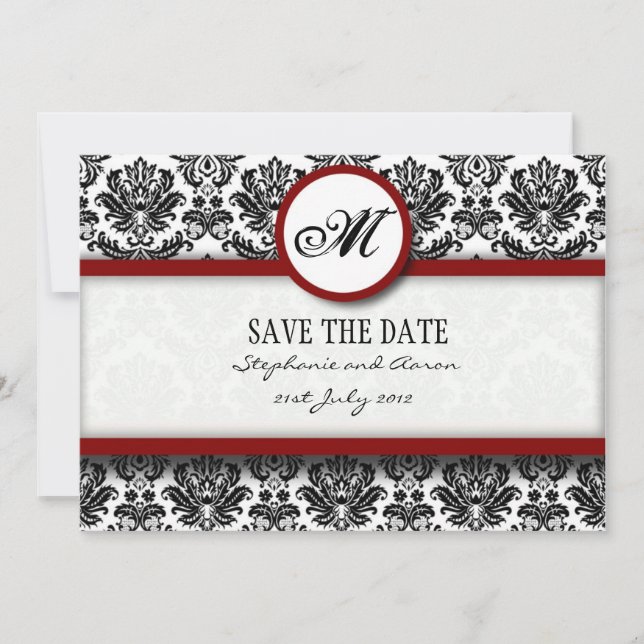 Monogram-Save the Date-Karte Burgundy Damask Save The Date (Vorderseite)