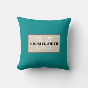 Monogram Schlicht Dark Cyan Background Kissen