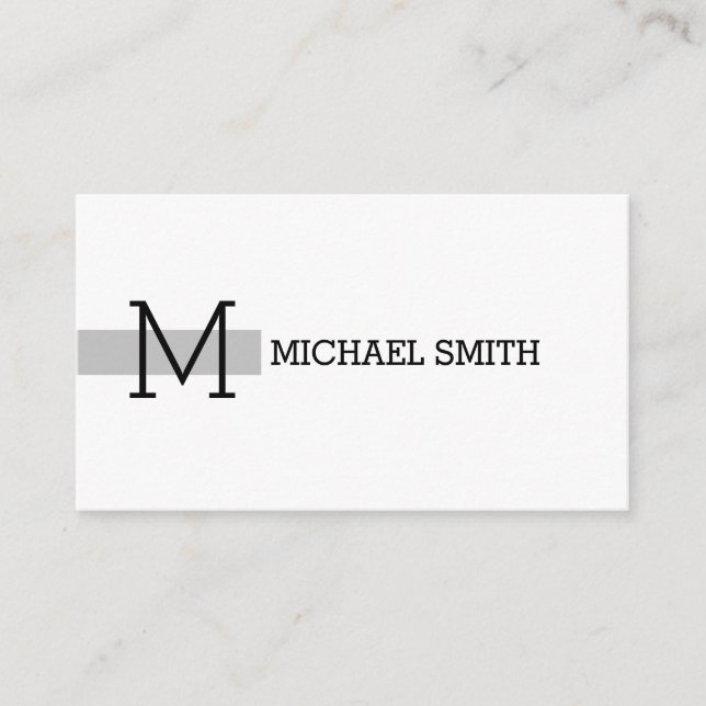 Monogram Schlicht White Elegant Modernes Silber Visitenkarte (Vorderseite)