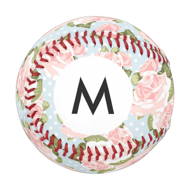 Monogram Schönes Rose Muster mit blauen Punkten Baseball (Vorderseite Links)