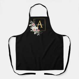 Monogram Schürze Black and Gold Peony Floral