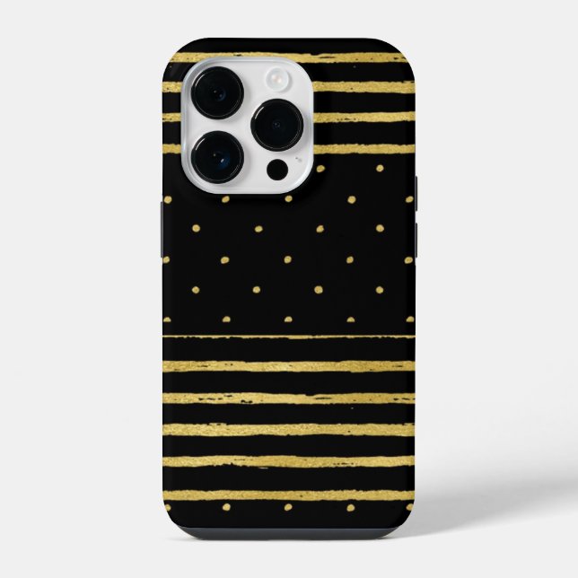 Monogram Schwarz Gold Gestreift iPhone 14 Pro Hülle (Rückseite)